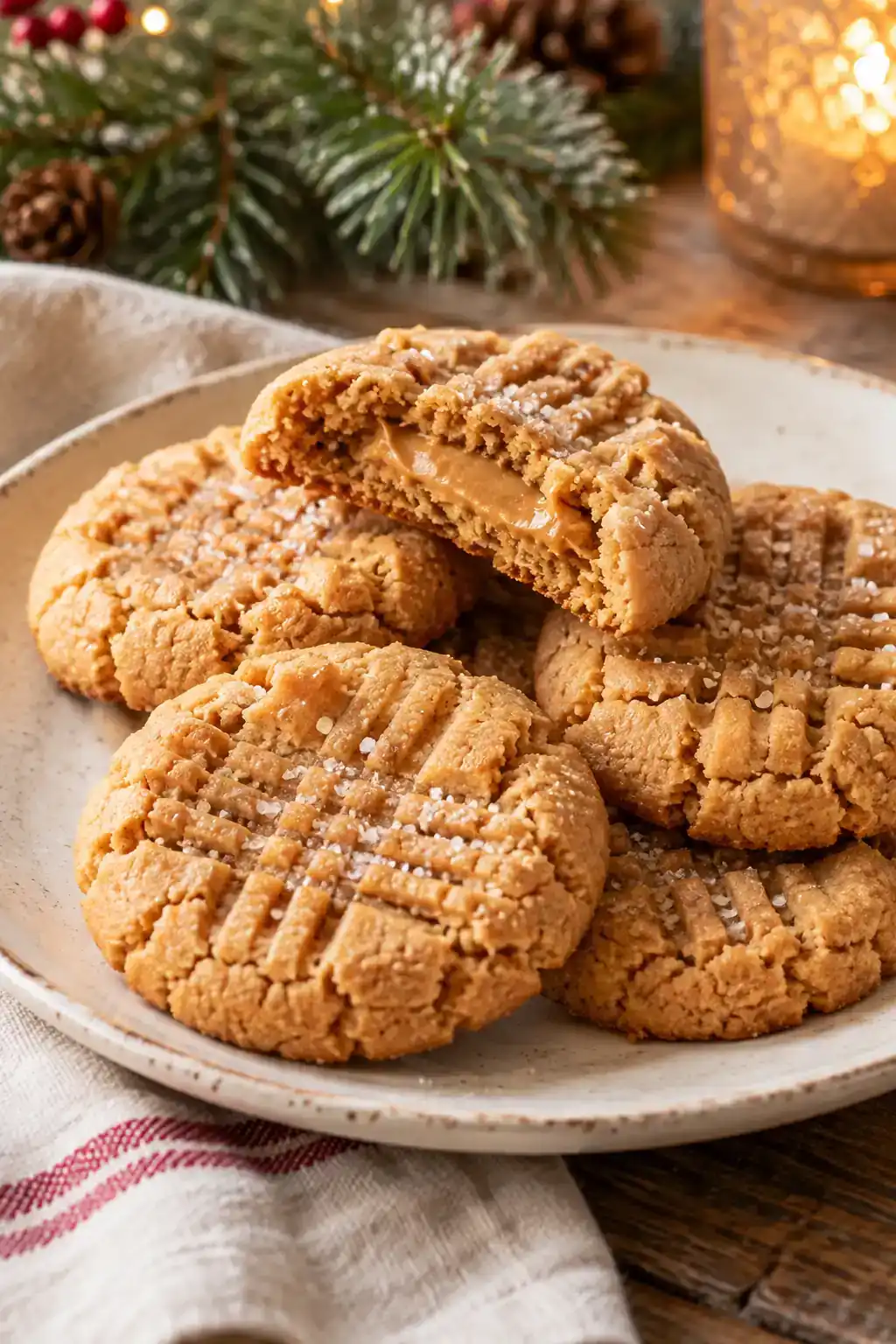 Dairy-Free Peanut Butter Cookies: golden peanut butter cookies with fork markings and a broken cookie showing the crumb.