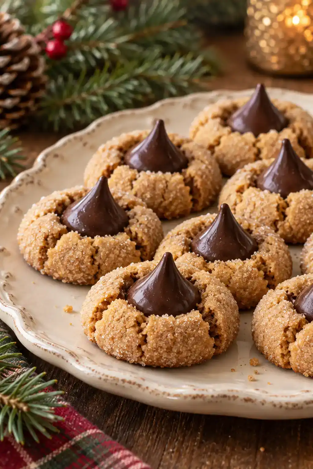 Dark Chocolate Peanut Butter Blossoms: golden round cookies with chocolate kiss-shaped centers on a ceramic plate.