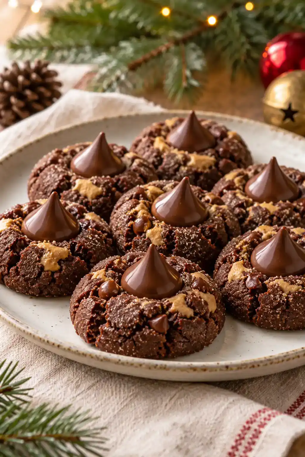 Double Chocolate Peanut Butter Blossoms: dark cocoa cookies with chocolate pieces and kiss-shaped chocolate centers.