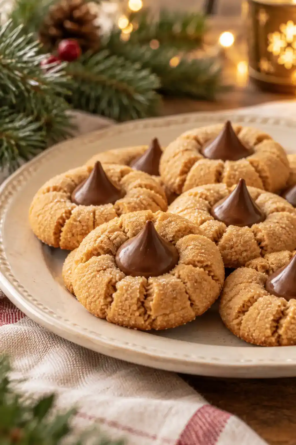 Easy Christmas Peanut Butter Cookies: golden peanut butter cookies with chocolate kiss-shaped centers.