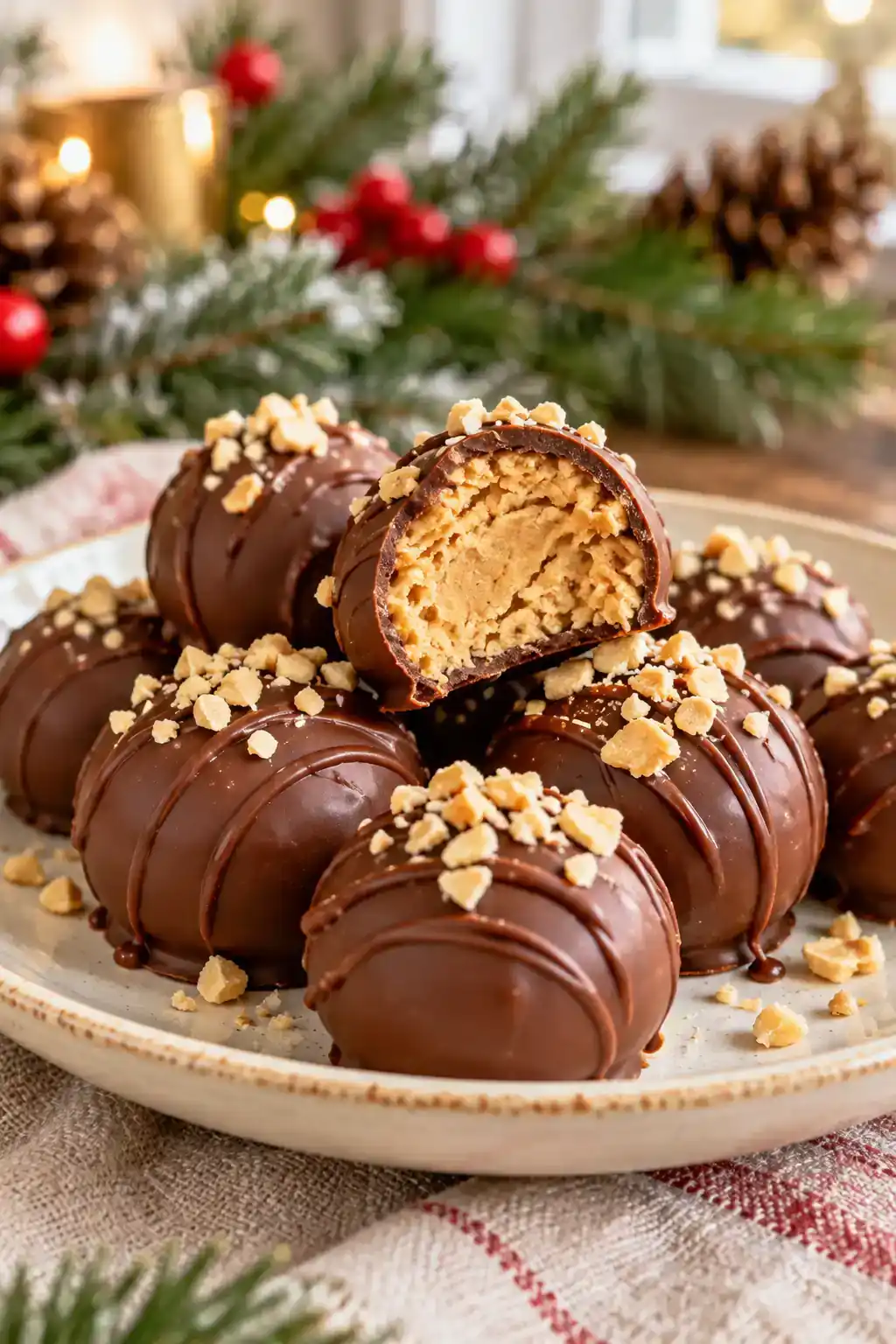 Easy Peanut Butter Balls: round peanut butter confections with chocolate shells, with a cut center showing the filling.