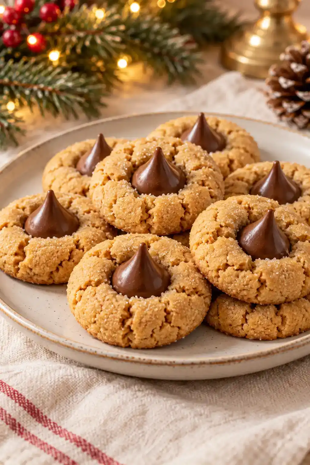 Easy Peanut Butter Blossoms: golden round cookies with chocolate kiss-shaped centers on a ceramic plate.