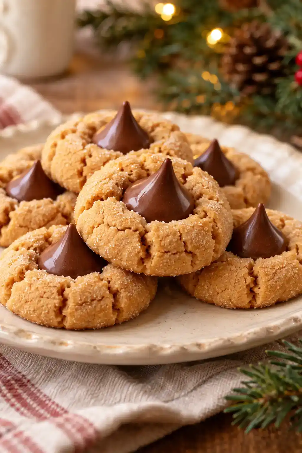 Easy Peanut Butter Cookies: golden peanut butter cookies with chocolate kiss-shaped centers.