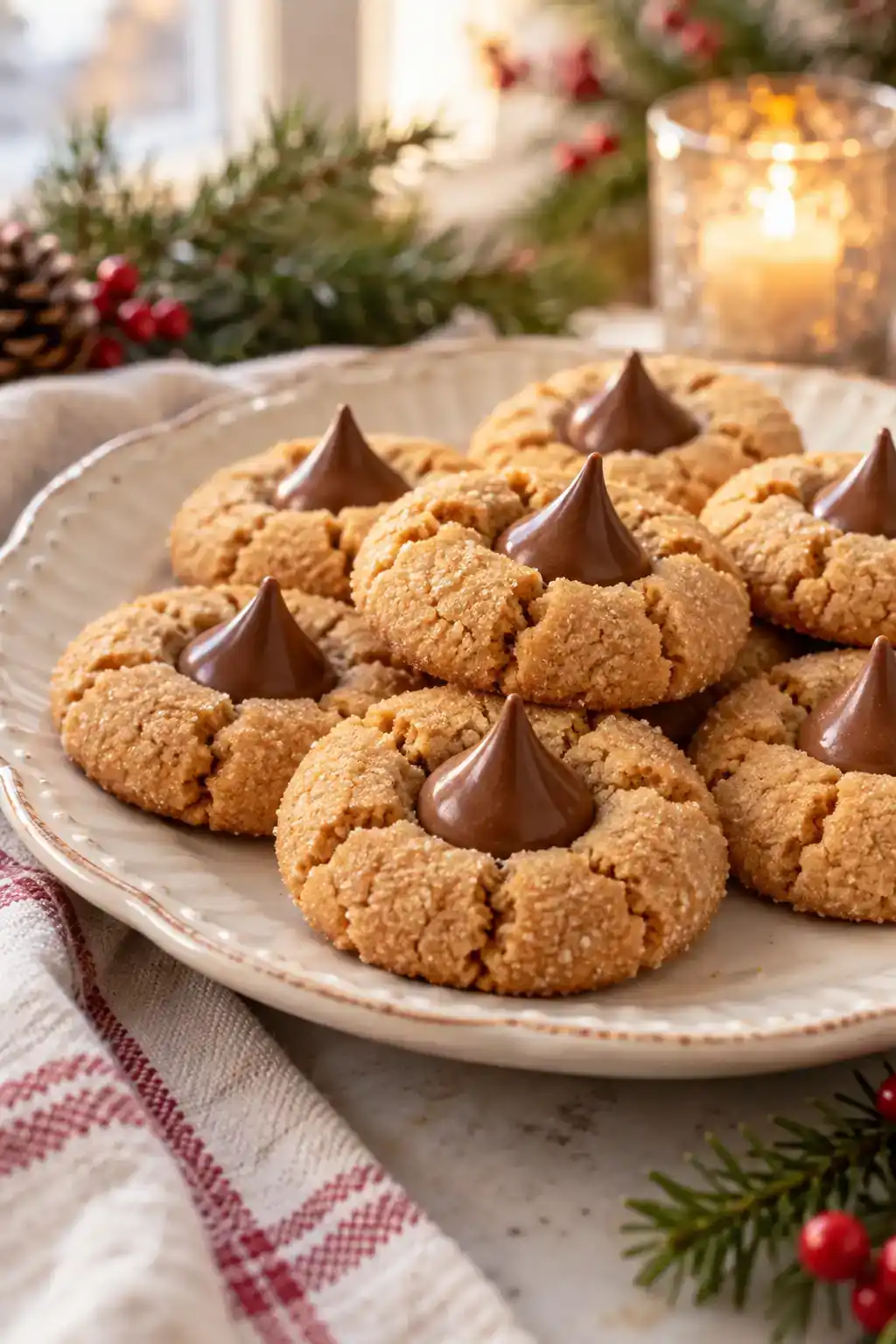 Eggless Peanut Butter Blossoms: golden round cookies with chocolate kiss-shaped centers on a ceramic plate.
