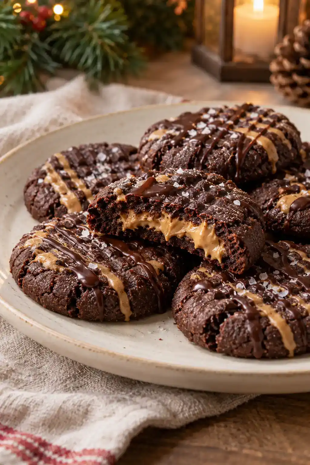 Espresso Dark Chocolate Peanut Butter Cookies: dark chocolate cookies with chocolate chunks and a dark crumb.