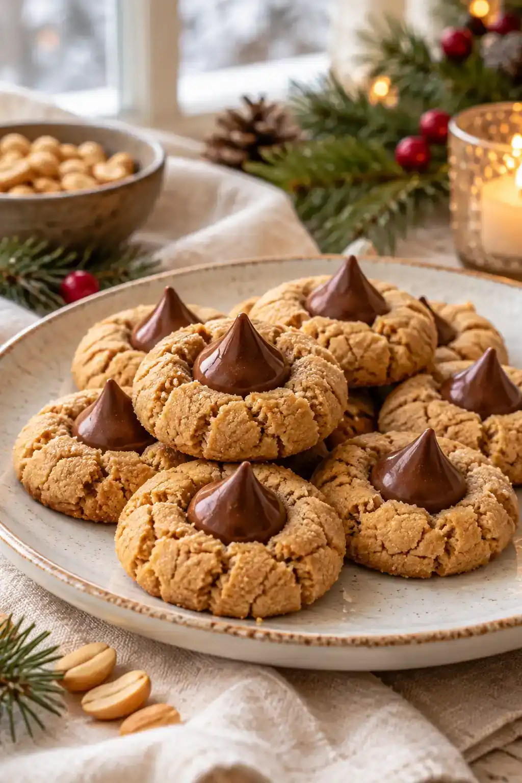 Flourless Peanut Butter Blossoms: golden round cookies with chocolate kiss-shaped centers on a ceramic plate.