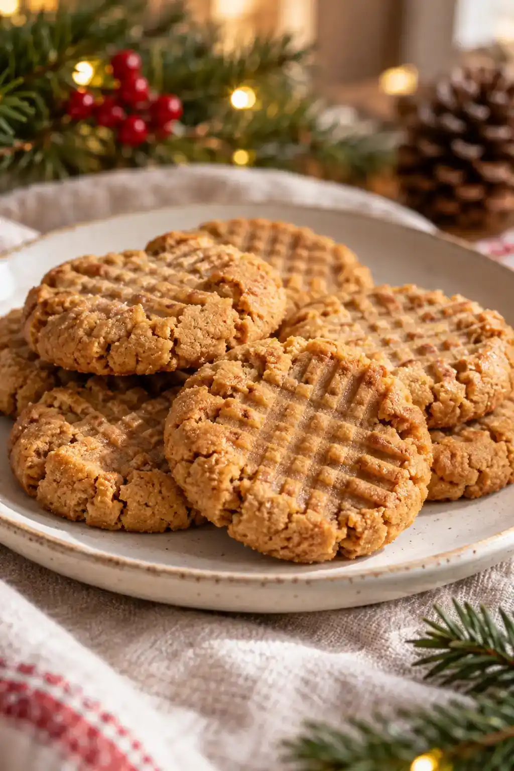 Flourless Peanut Butter Cookies: golden peanut butter cookies with fork markings and a visible crumb.