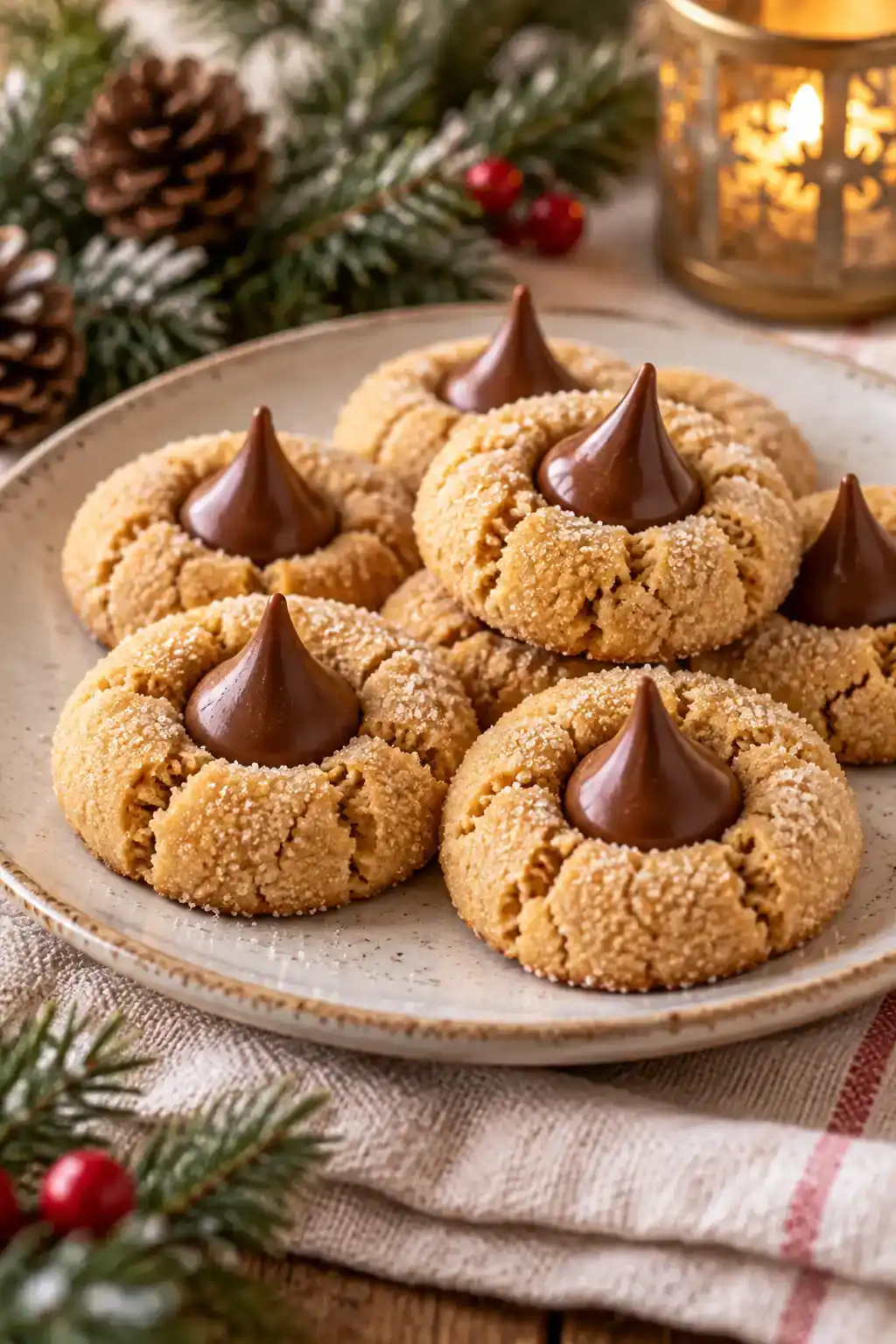 Gluten-Free Peanut Butter Blossoms: golden round cookies with chocolate kiss-shaped centers on a ceramic plate.