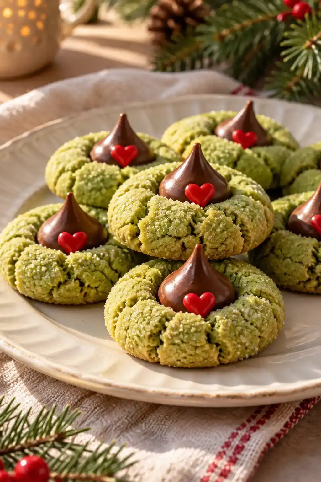 Grinch Peanut Butter Cookies: green peanut butter cookies with chocolate centers and red heart decorations.