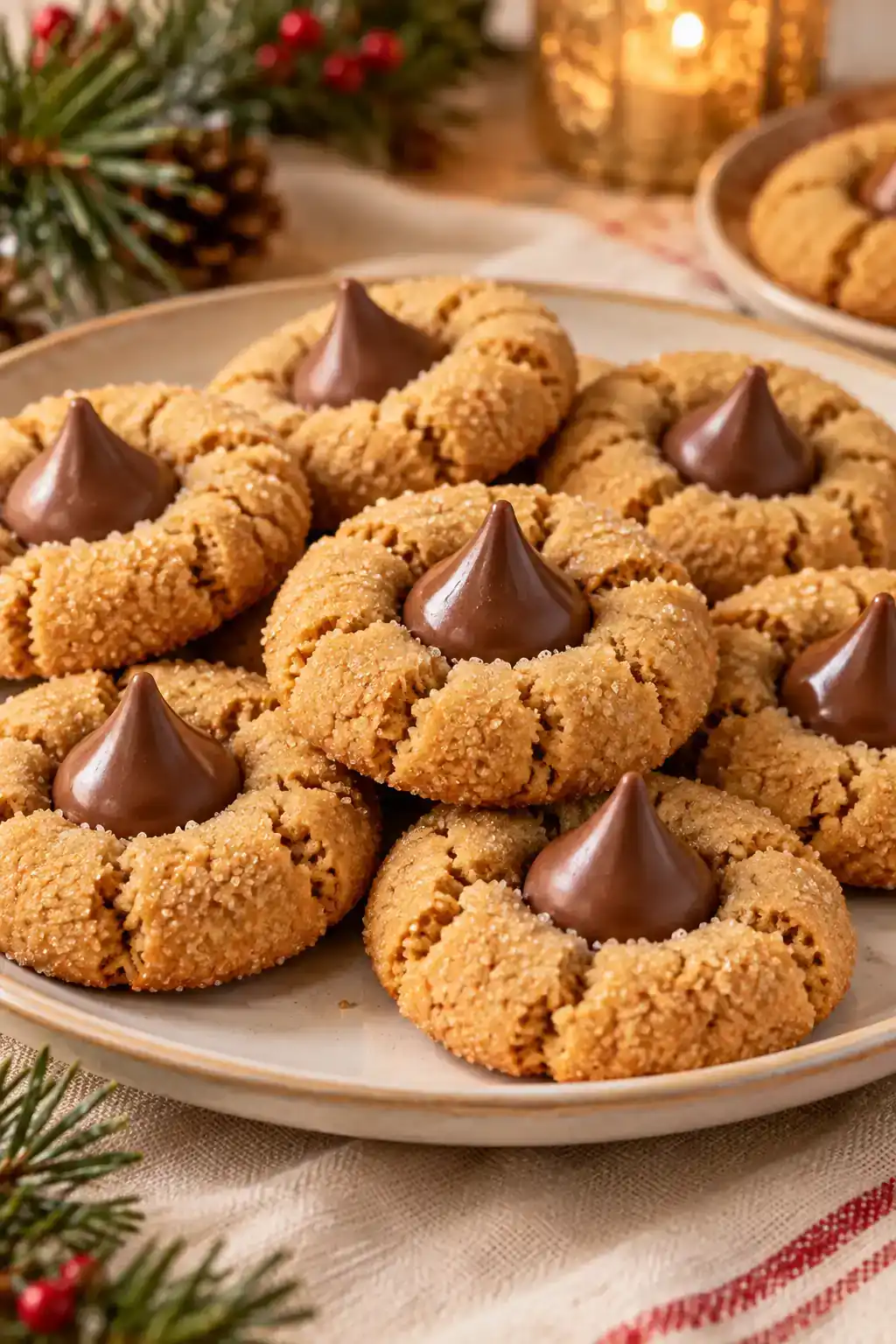 Hershey Kiss Peanut Butter Cookies: golden round cookies with chocolate kiss-shaped centers on a ceramic plate.