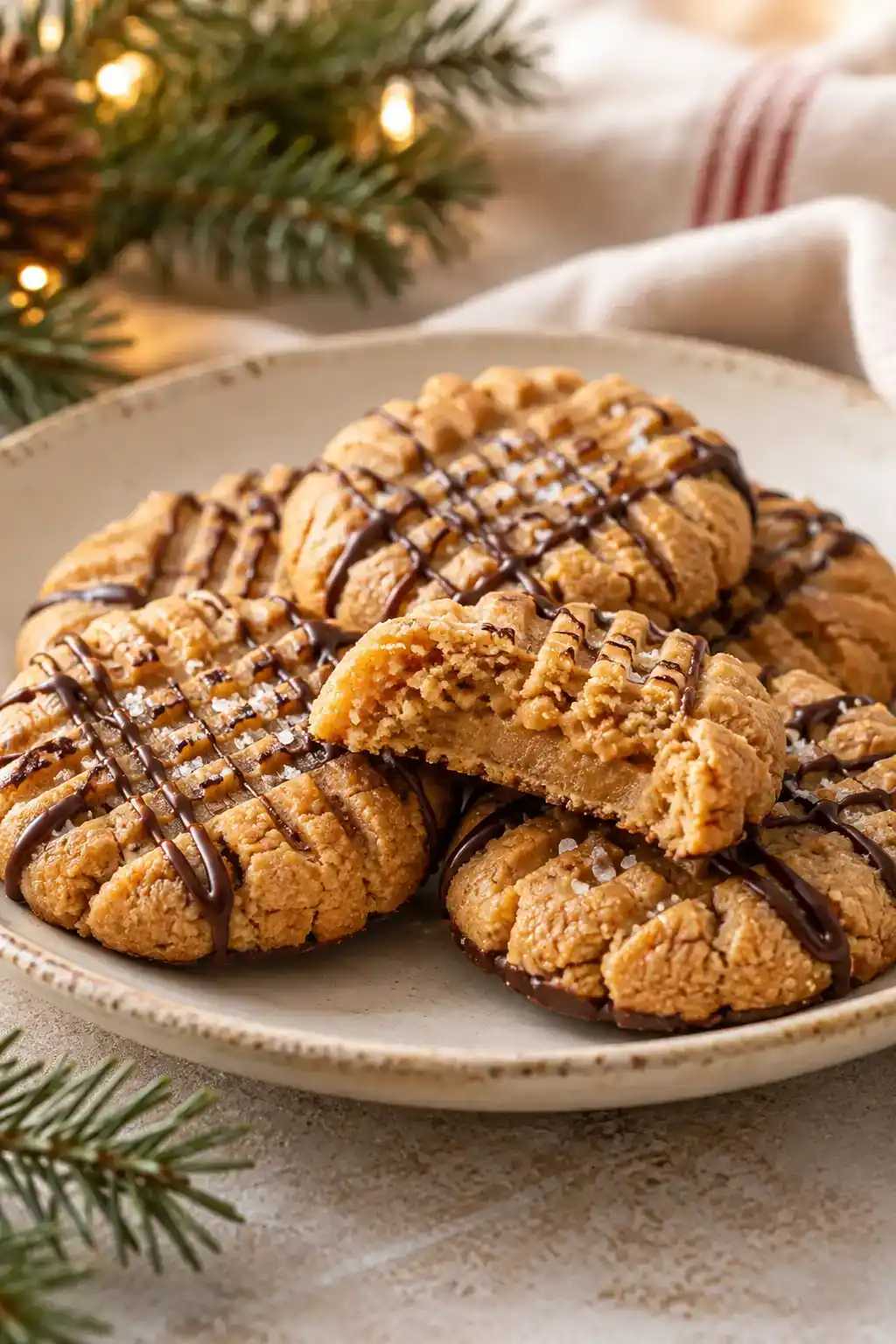 Keto Peanut Butter Cookies: golden fork-pressed peanut butter cookies with dark chocolate drizzles.