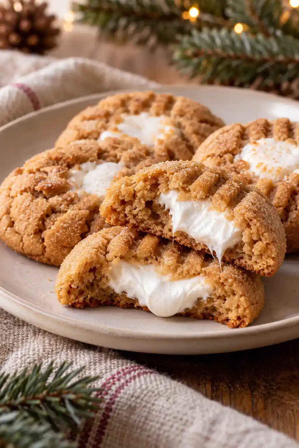 Marshmallow Stuffed Peanut Butter Cookies: peanut butter cookies broken open to show a white marshmallow center.