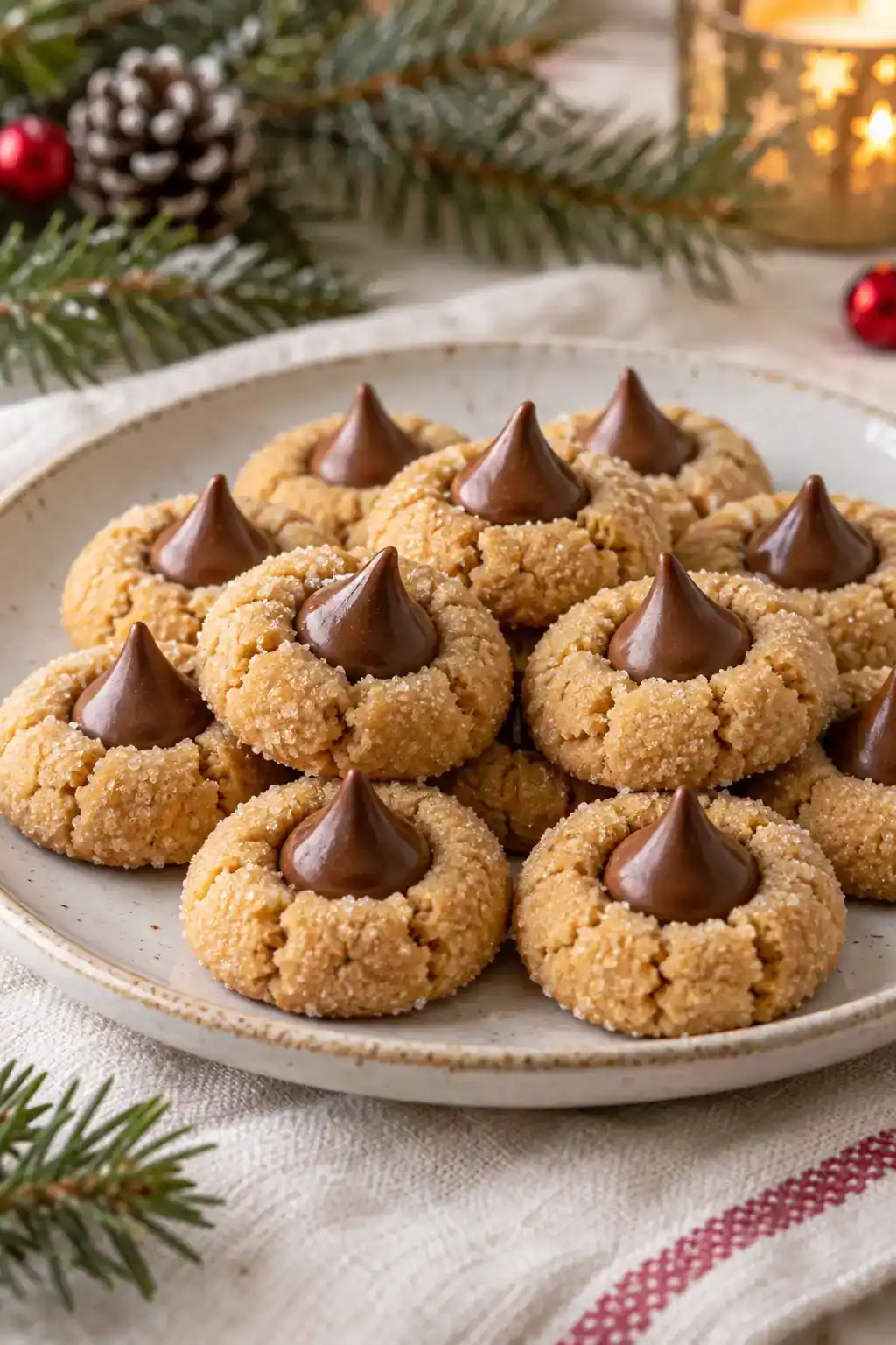 Mini Peanut Butter Blossoms: golden round cookies with chocolate kiss-shaped centers on a ceramic plate.