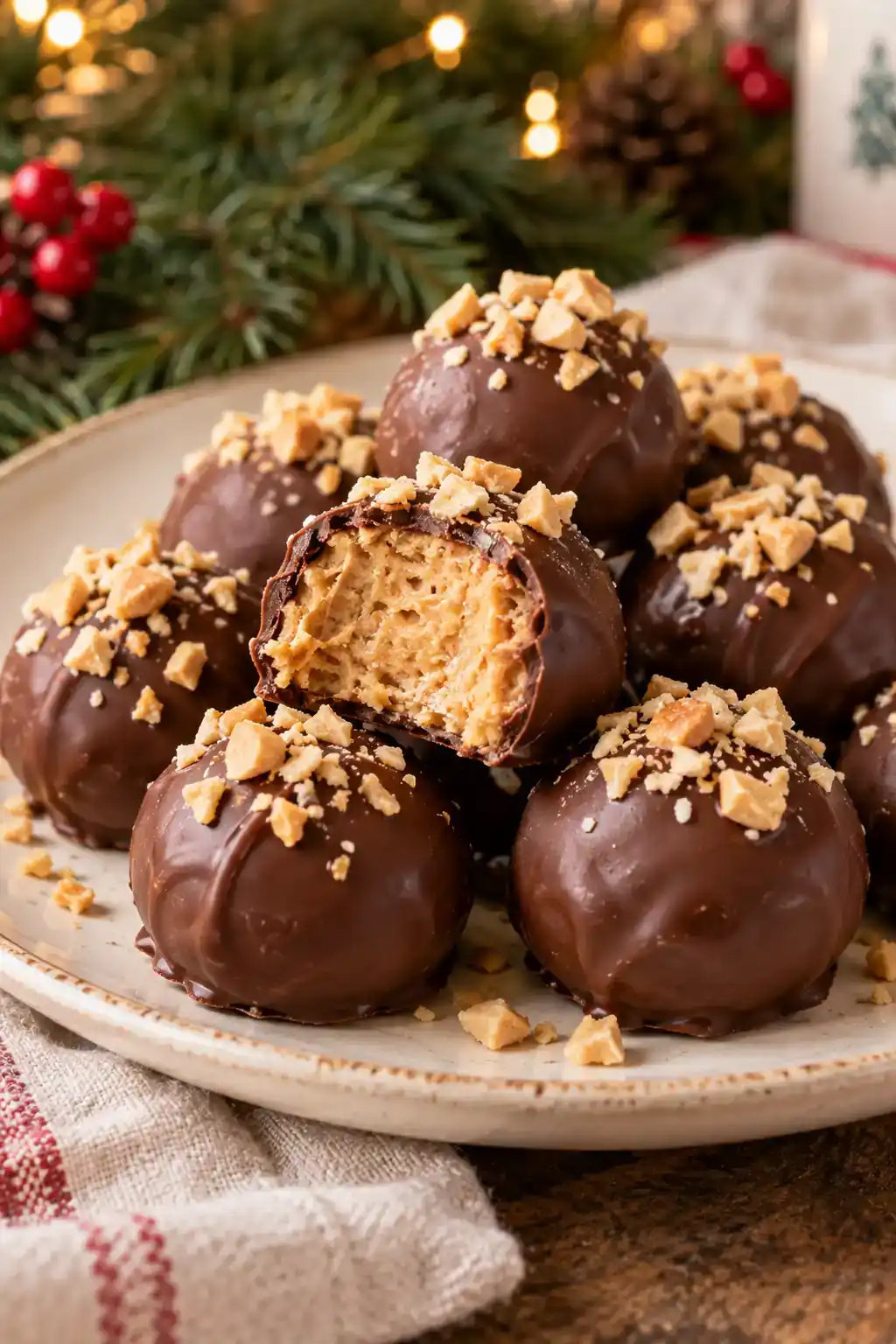 No-Bake Peanut Butter Balls: round peanut butter confections with chocolate shells, with a cut center showing the filling.