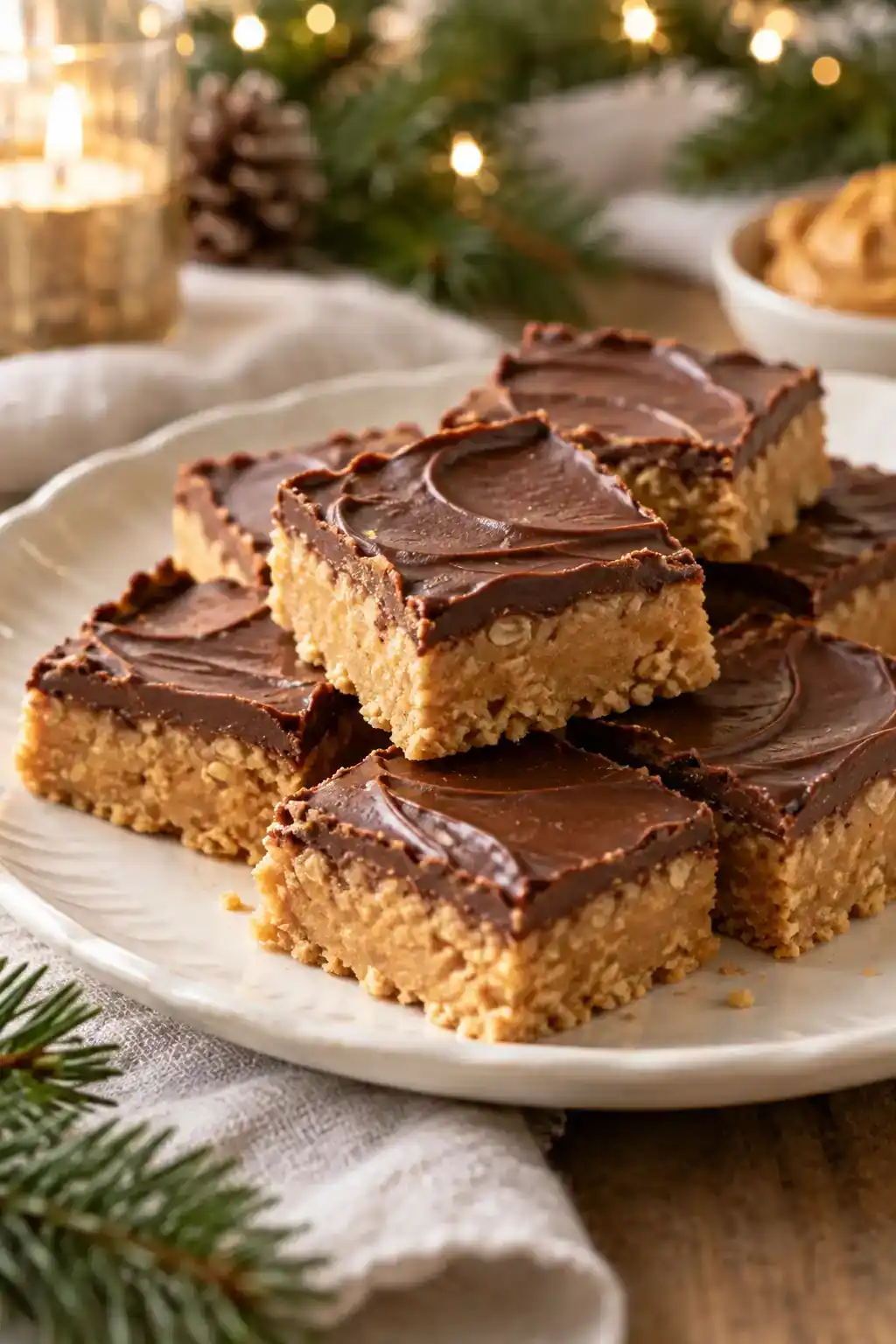 No-Bake Peanut Butter Bars: peanut butter crumb bars beneath a thick dark-chocolate layer.