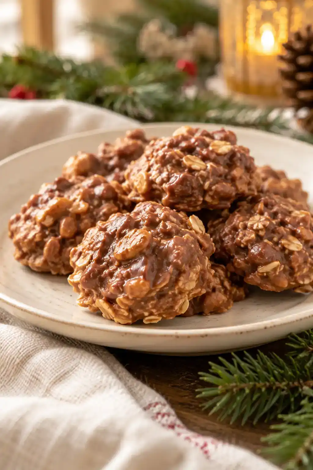No-Bake Peanut Butter Cookies: peanut butter oat clusters on a ceramic plate.