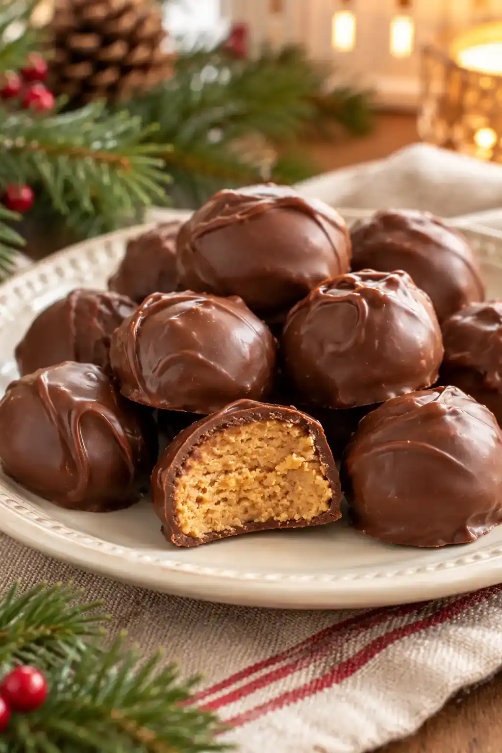 Old-Fashioned Peanut Butter Balls: round peanut butter confections with chocolate shells, with a cut center showing the filling.