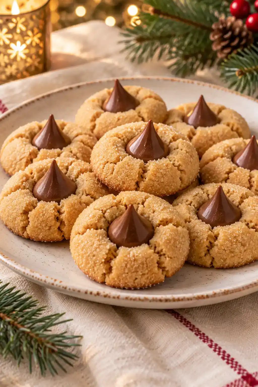 Old-Fashioned Peanut Butter Blossoms: golden round cookies with chocolate kiss-shaped centers on a ceramic plate.