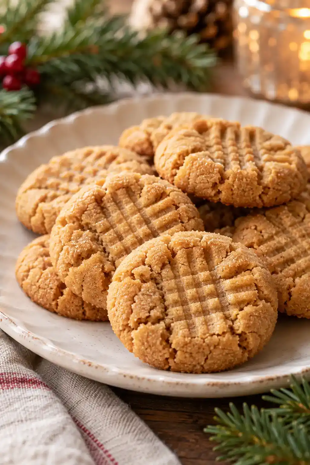 Old-Fashioned Peanut Butter Cookies: golden peanut butter cookies with fork markings and a visible crumb.