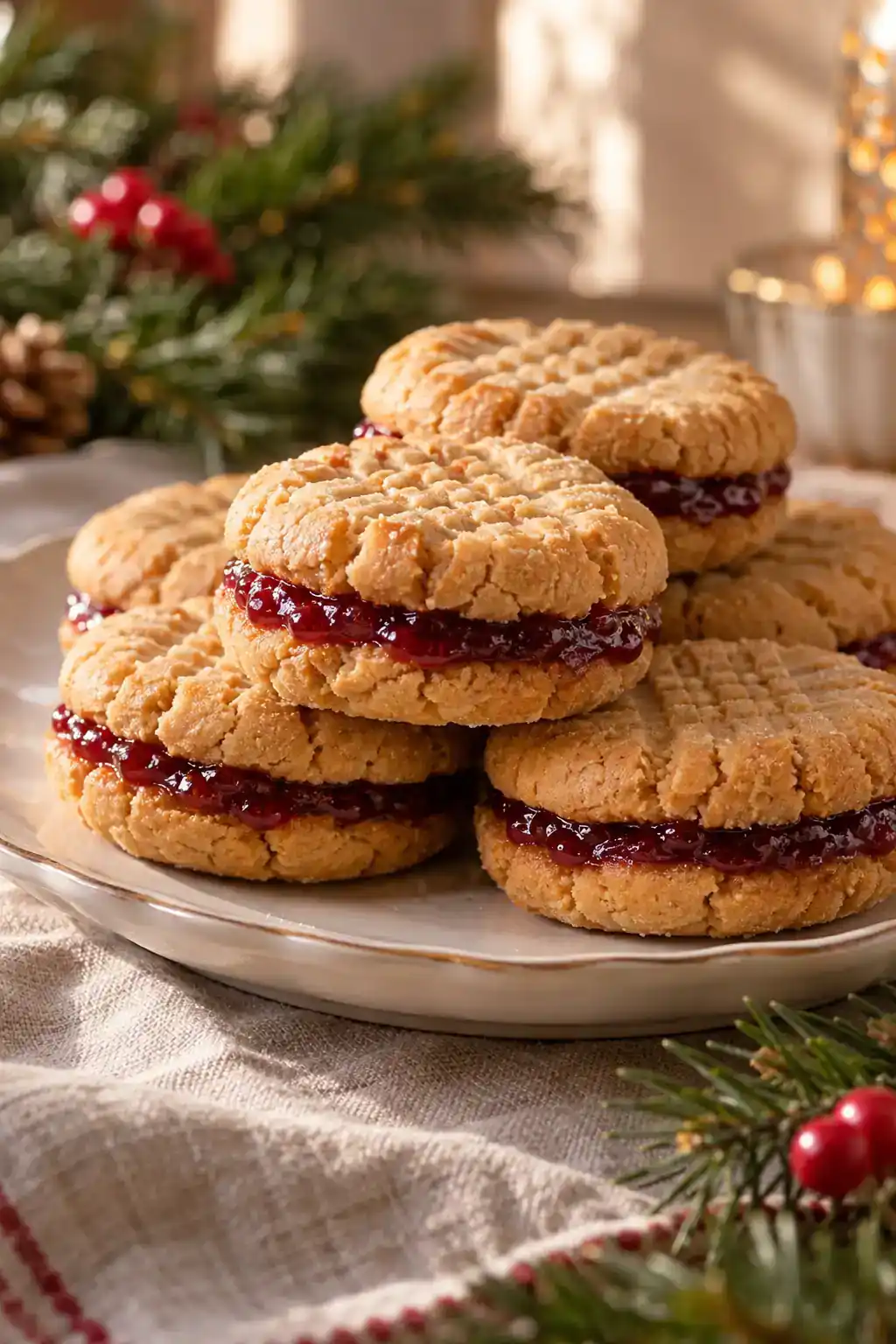 Peanut Butter and Jelly Sandwich Cookies: golden peanut butter sandwich cookies with a visible red jelly seam.