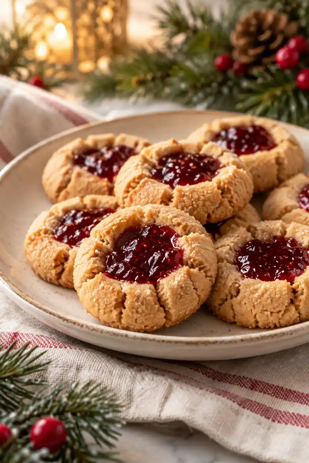 Peanut Butter and Jelly Thumbprint Cookies: peanut butter thumbprints with glossy red jelly centers.