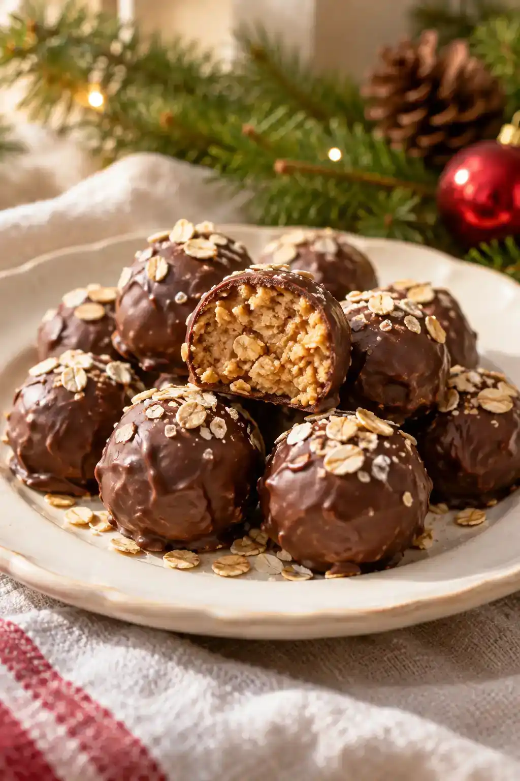 Peanut Butter Balls With Oats: chocolate-coated peanut butter oat balls with a visible oat-textured filling.