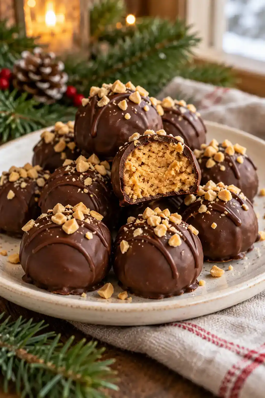 Peanut Butter Balls Without Butter: round peanut butter confections with chocolate shells, with a cut center showing the filling.