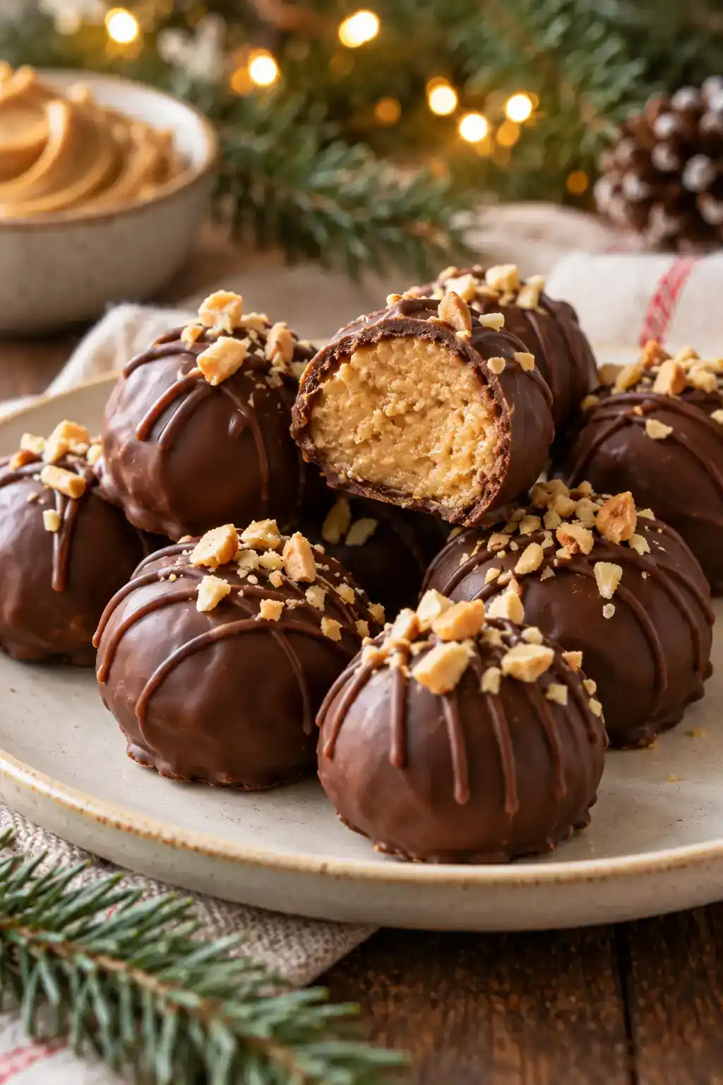 Peanut Butter Balls Without Powdered Sugar: round peanut butter confections with chocolate shells, with a cut center showing the filling.