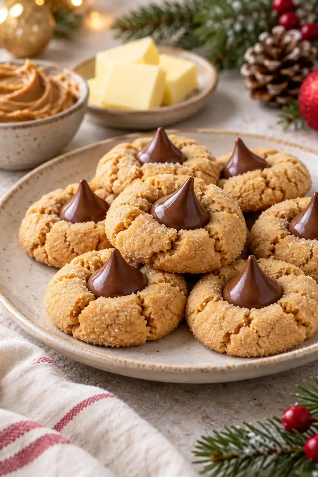 Peanut Butter Blossoms With Butter: golden round cookies with chocolate kiss-shaped centers on a ceramic plate.