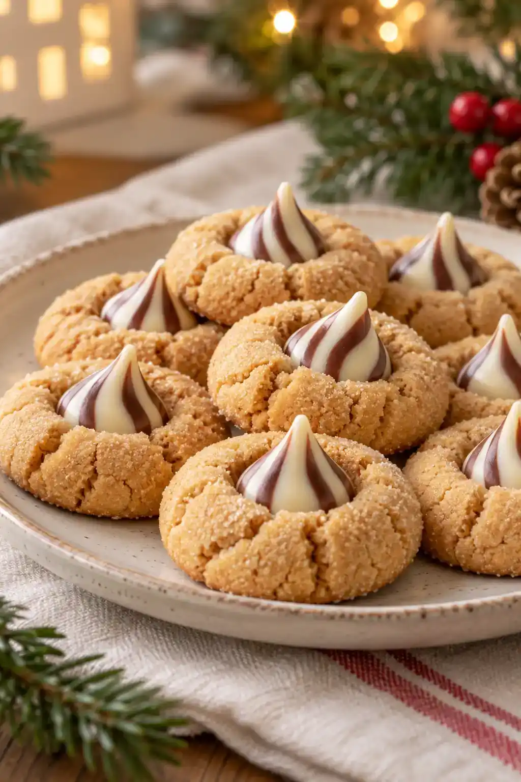 Peanut Butter Blossoms With Hershey’s Hugs: peanut butter cookies with striped milk-and-white-chocolate centers.