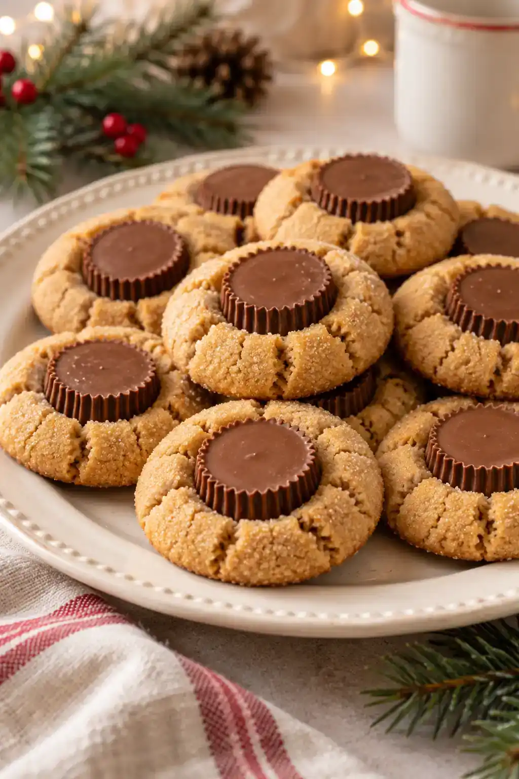 Peanut Butter Blossoms With Reese’s Cups: peanut butter cookies topped with flat, fluted chocolate peanut butter cups.