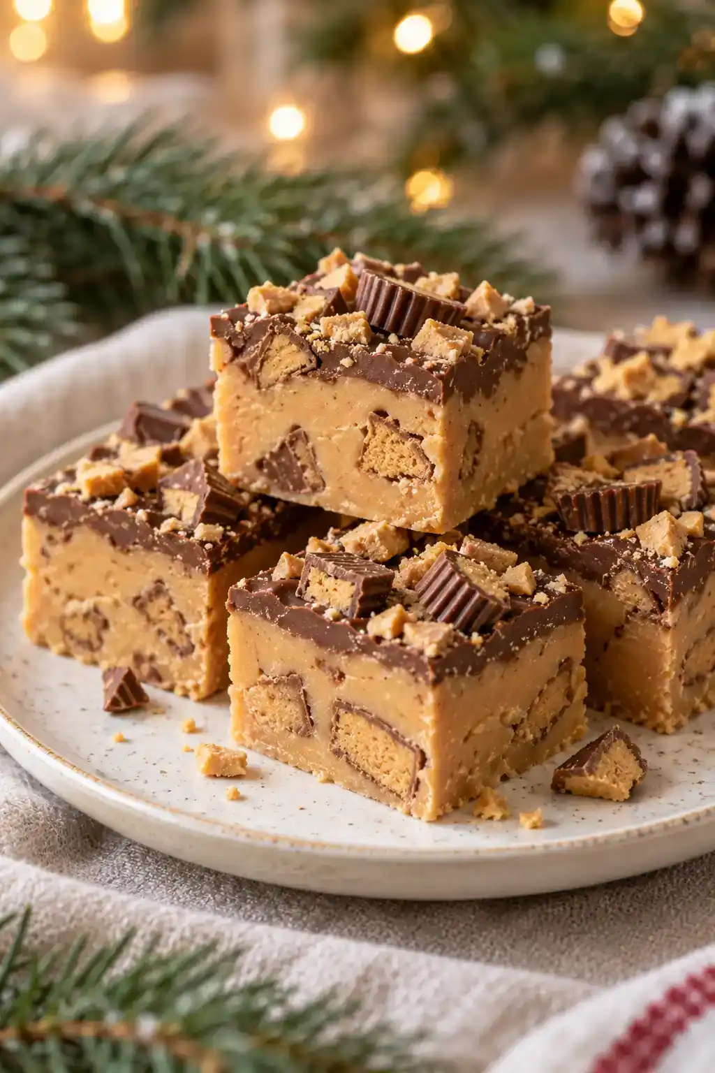 Peanut Butter Christmas Fudge: peanut butter fudge squares with chocolate drizzles and small chocolate pieces.