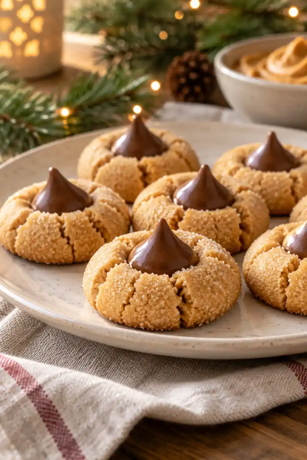 Peanut Butter Cookies Without Butter: golden peanut butter cookies with chocolate kiss-shaped centers.