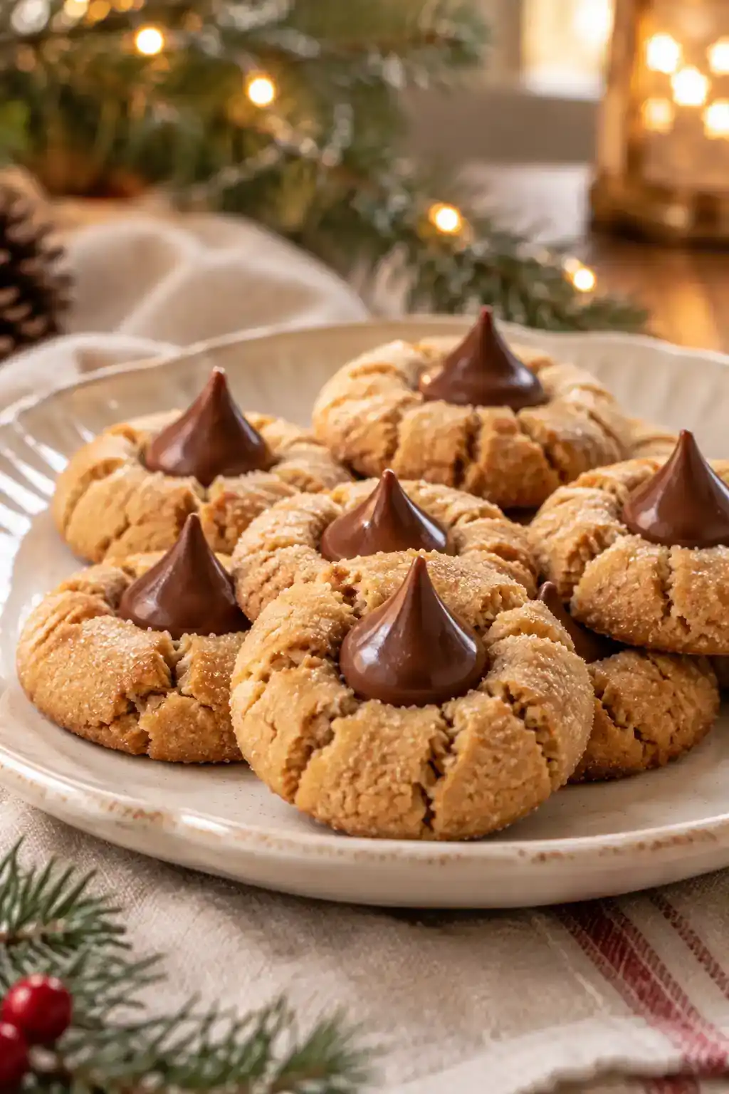 Peanut Butter Cookies Without Eggs: golden peanut butter cookies with chocolate kiss-shaped centers.