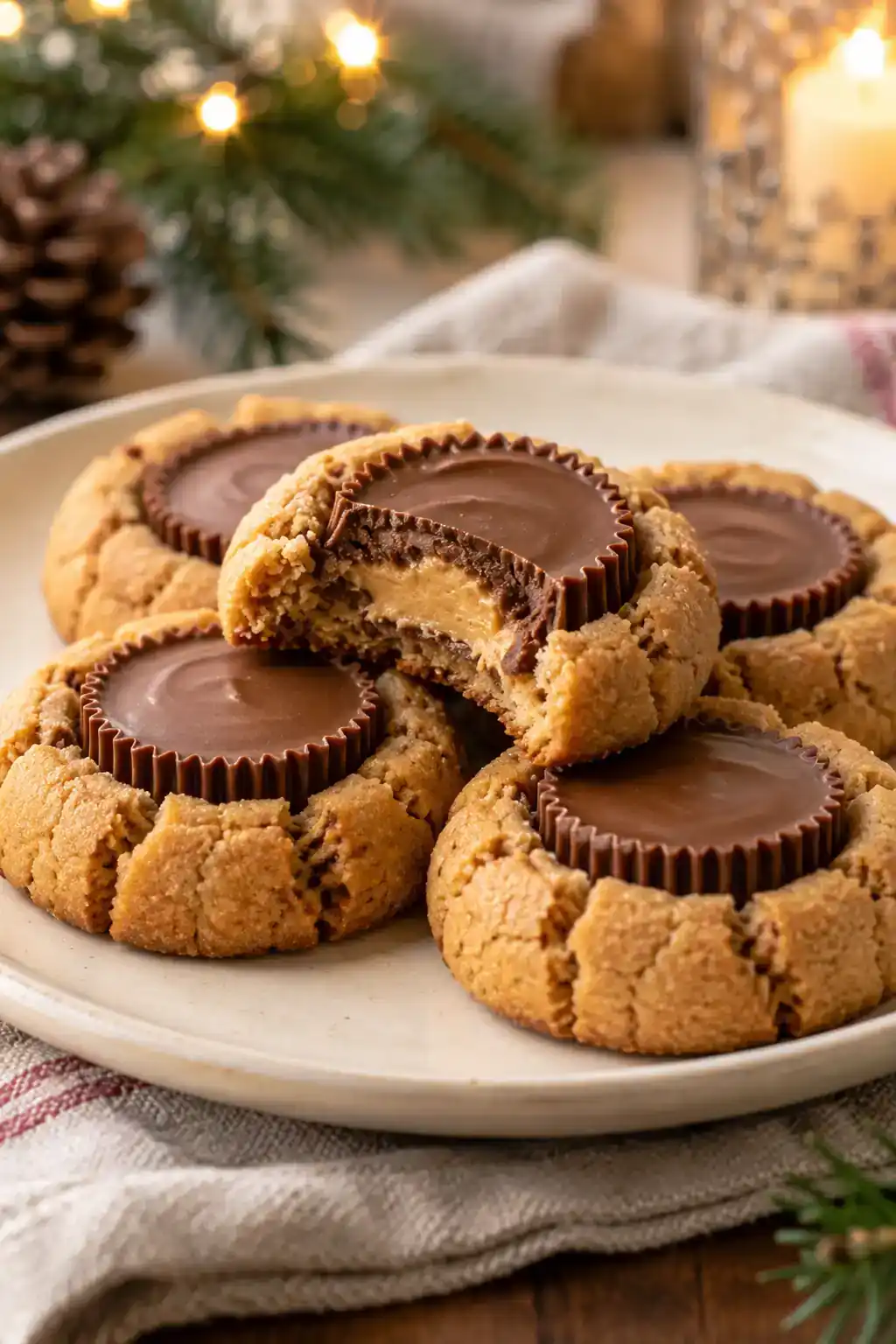 Peanut Butter Cup Stuffed Cookies: cut peanut butter cup cookies showing a chocolate and peanut butter center.