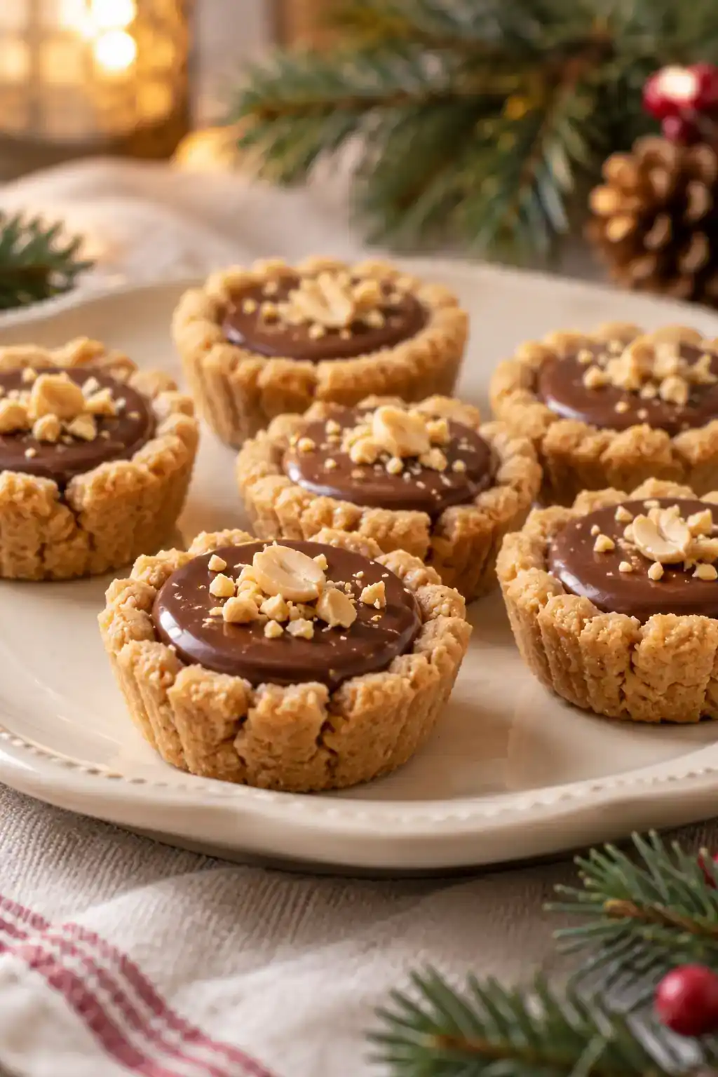 Peanut Butter Cup Tart Cookies: small peanut butter tart-shaped cookies with chocolate filling and chopped nut topping.