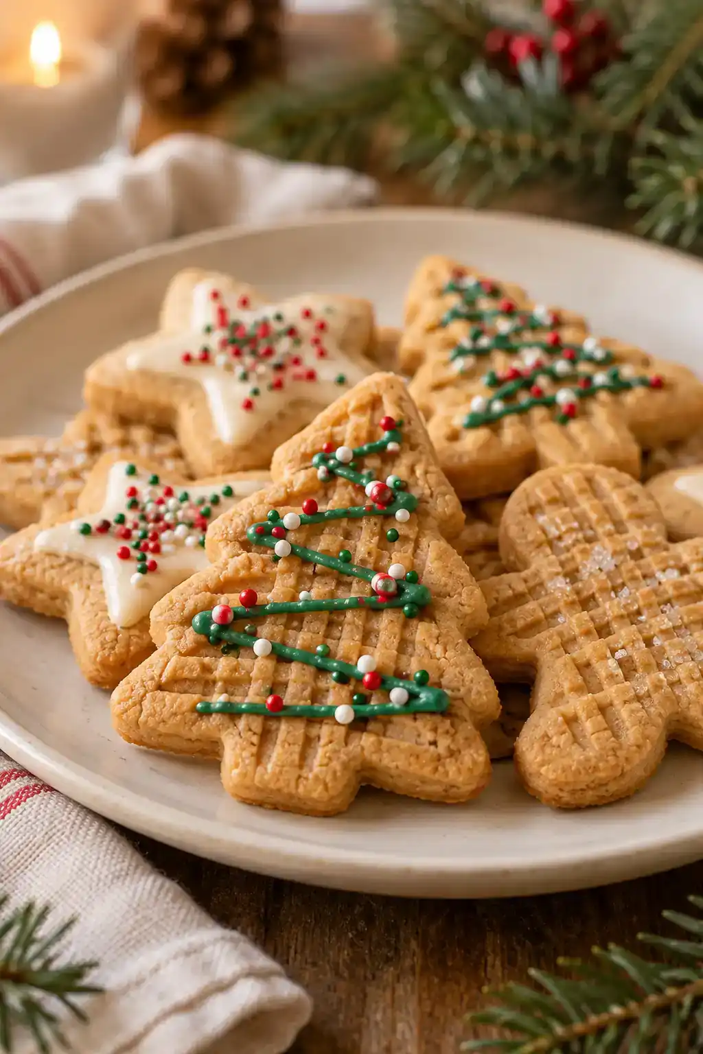 Peanut Butter Cut-Out Christmas Cookies: a Christmas assortment of tree-shaped and round decorated peanut butter cookies.