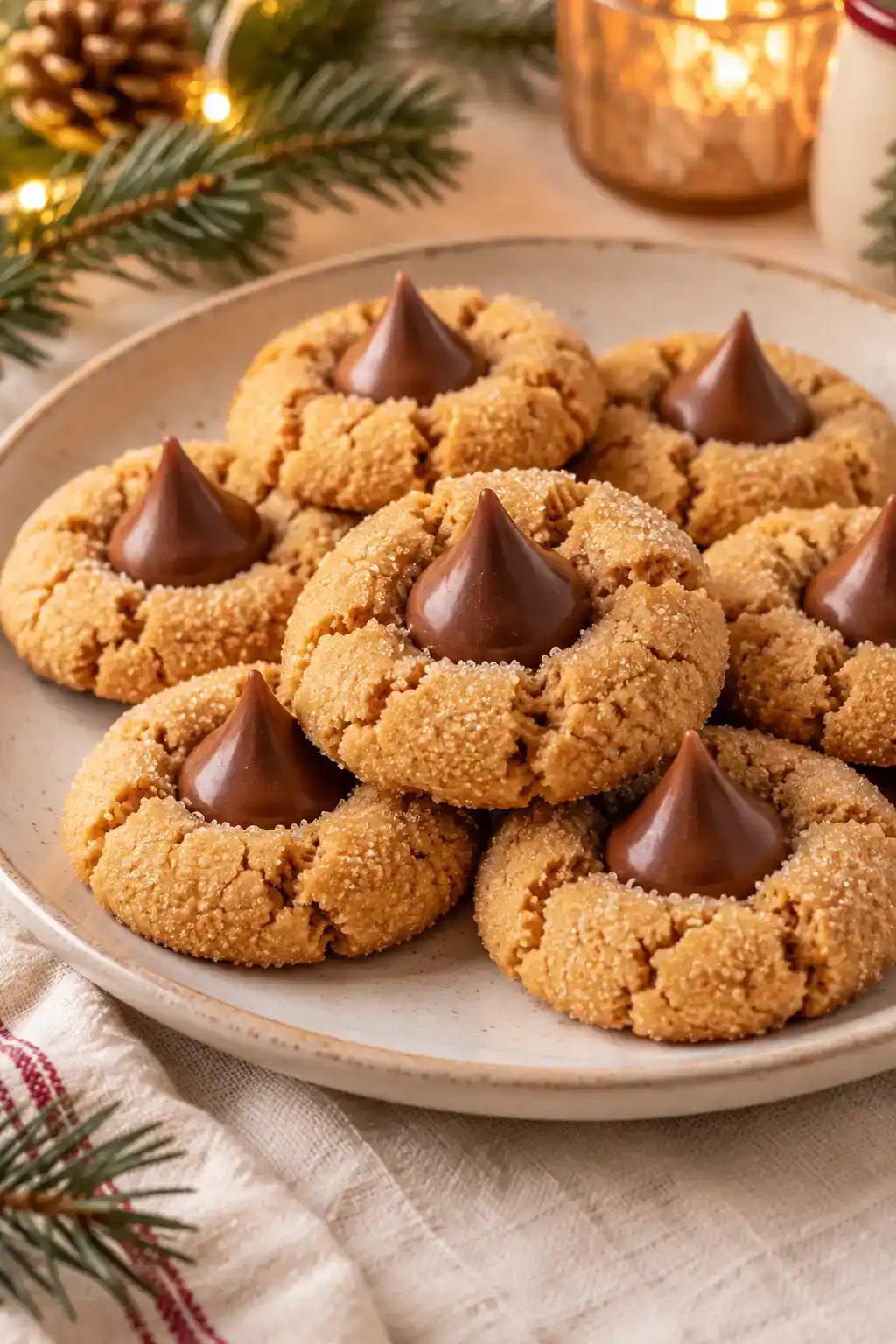 Peanut Butter Kiss Cookies: golden round cookies with chocolate kiss-shaped centers on a ceramic plate.