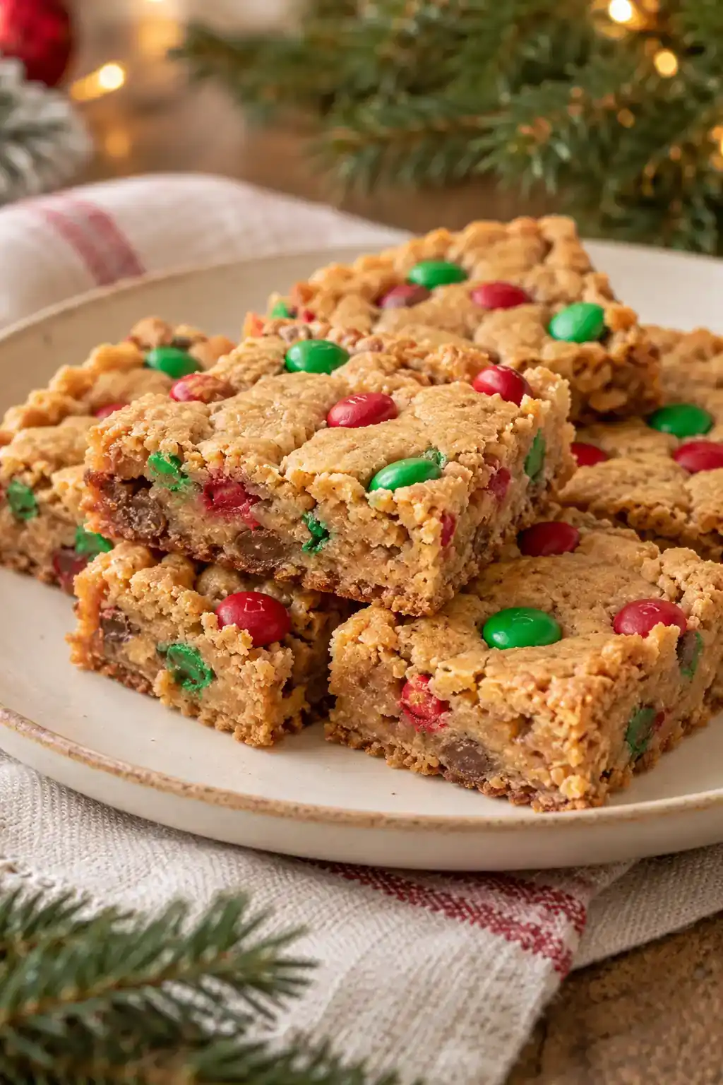 Peanut Butter M&M Cookie Bars: square peanut butter cookie bars with red and green candy-coated chocolate pieces.