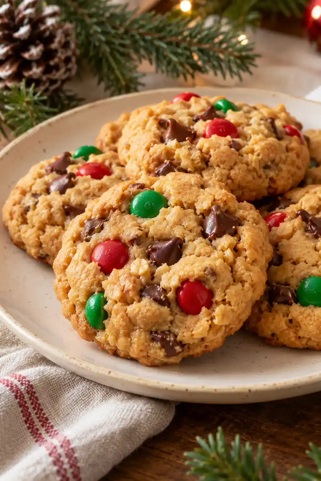 Peanut Butter Monster Cookies: round peanut butter cookies dotted with red and green candy-coated chocolates.