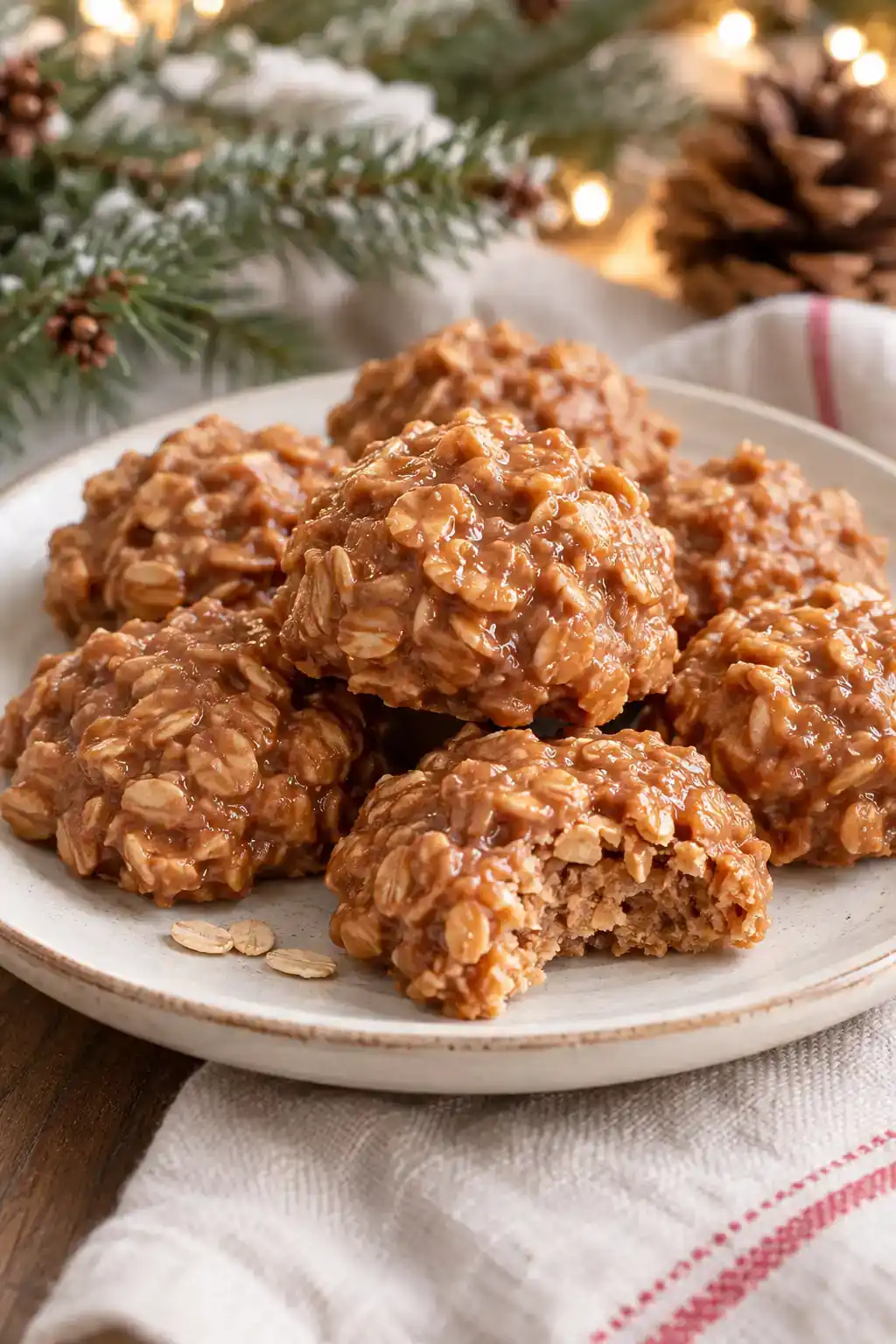 Peanut Butter Oatmeal No-Bake Cookies: peanut butter oat clusters on a ceramic plate.