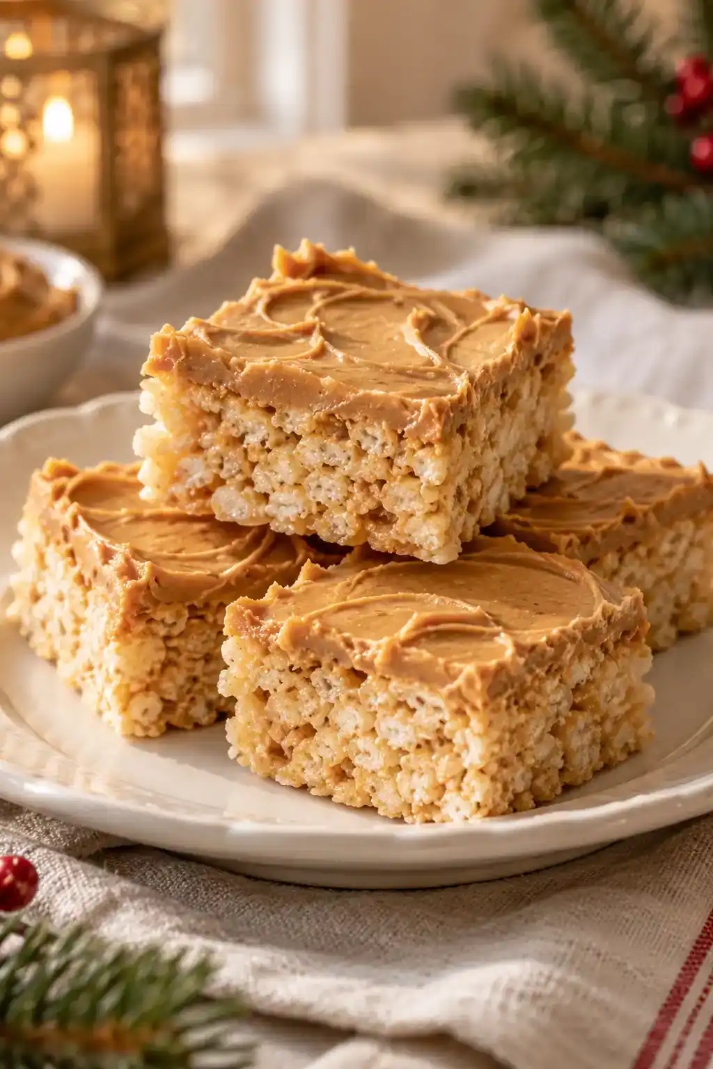 Peanut Butter Rice Krispie Treats: square peanut butter crisp-rice cereal treats.