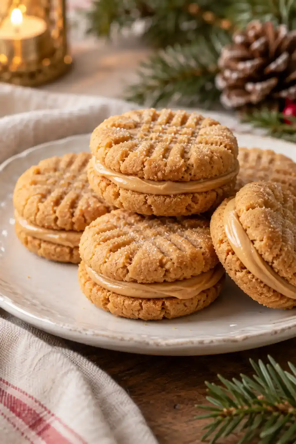 Peanut Butter Sandwich Cookies: golden peanut butter sandwich cookies with a pale peanut butter filling seam.