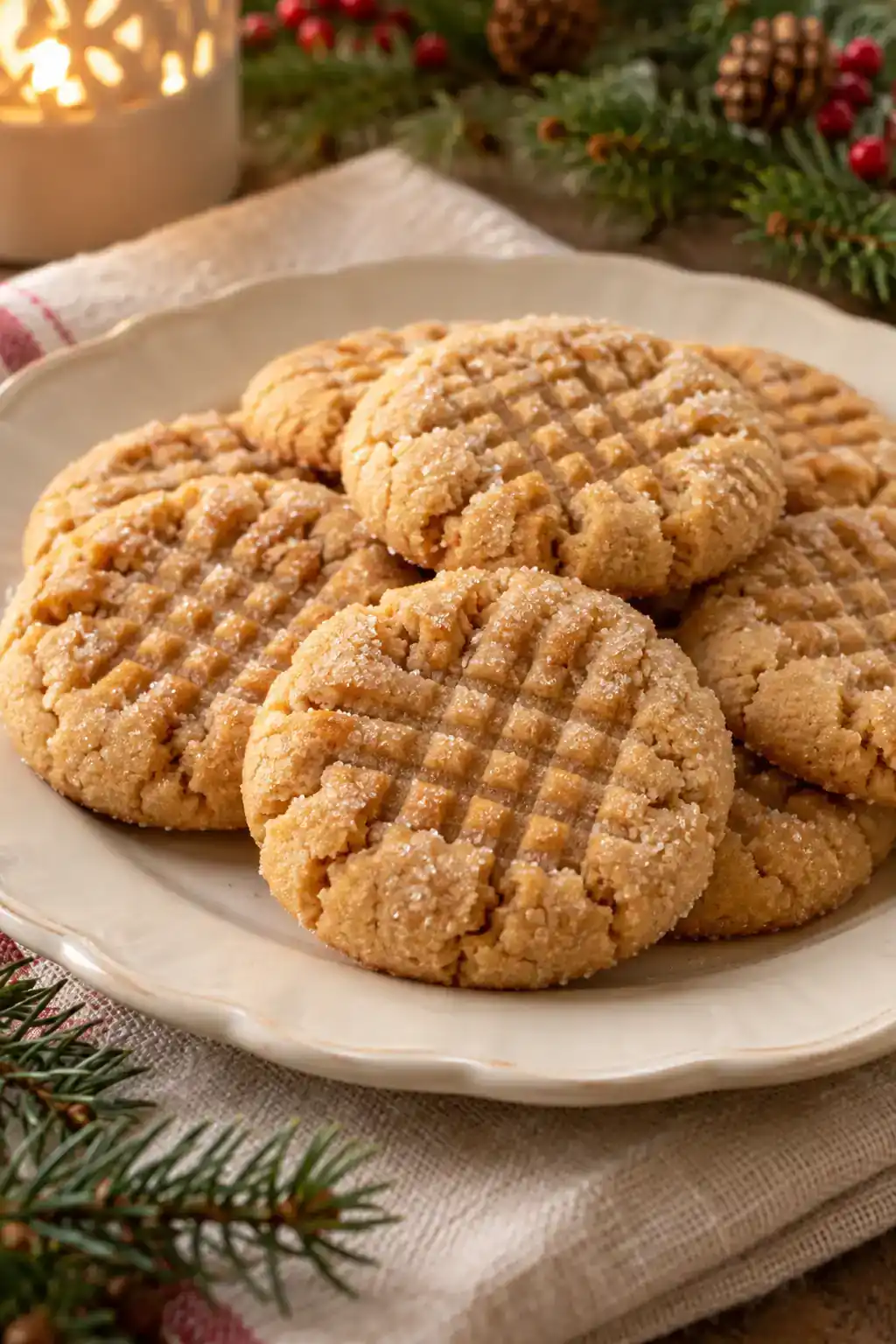 Peanut Butter Sugar Cookies: golden peanut butter cookies with fork markings and a visible crumb.