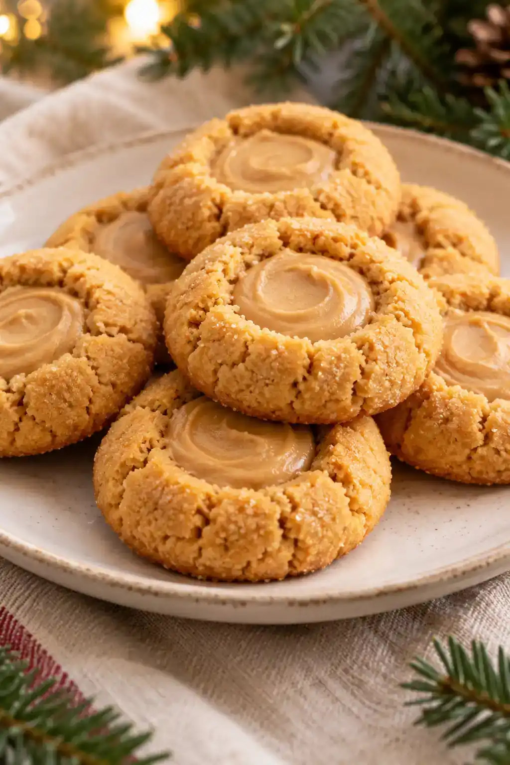 Peanut Butter Thumbprint Cookies: golden peanut butter thumbprint cookies filled with light beige peanut butter cream.