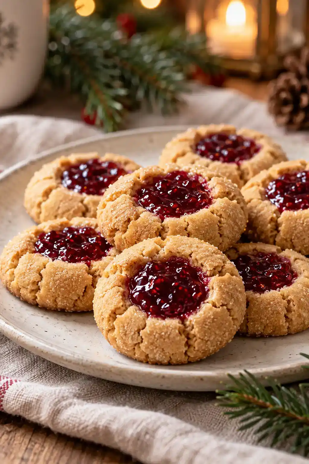 Raspberry Jam Peanut Butter Thumbprint Cookies: peanut butter thumbprints filled with glossy red raspberry jam.