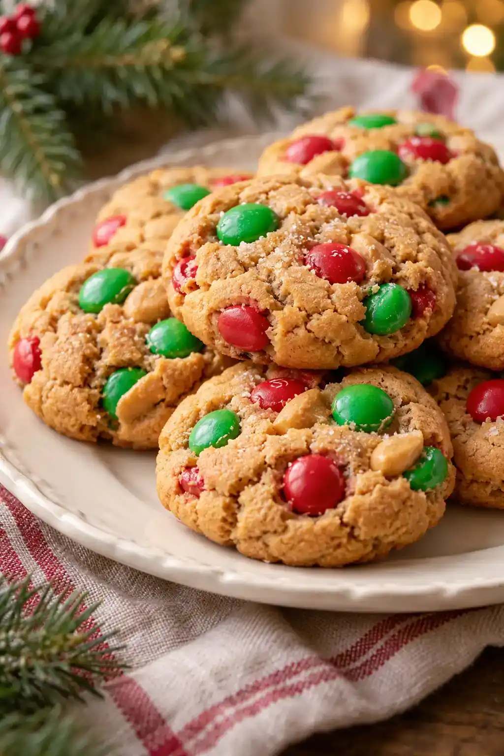 Red and Green M&M Peanut Butter Cookies: round peanut butter cookies dotted with red and green candy-coated chocolates.