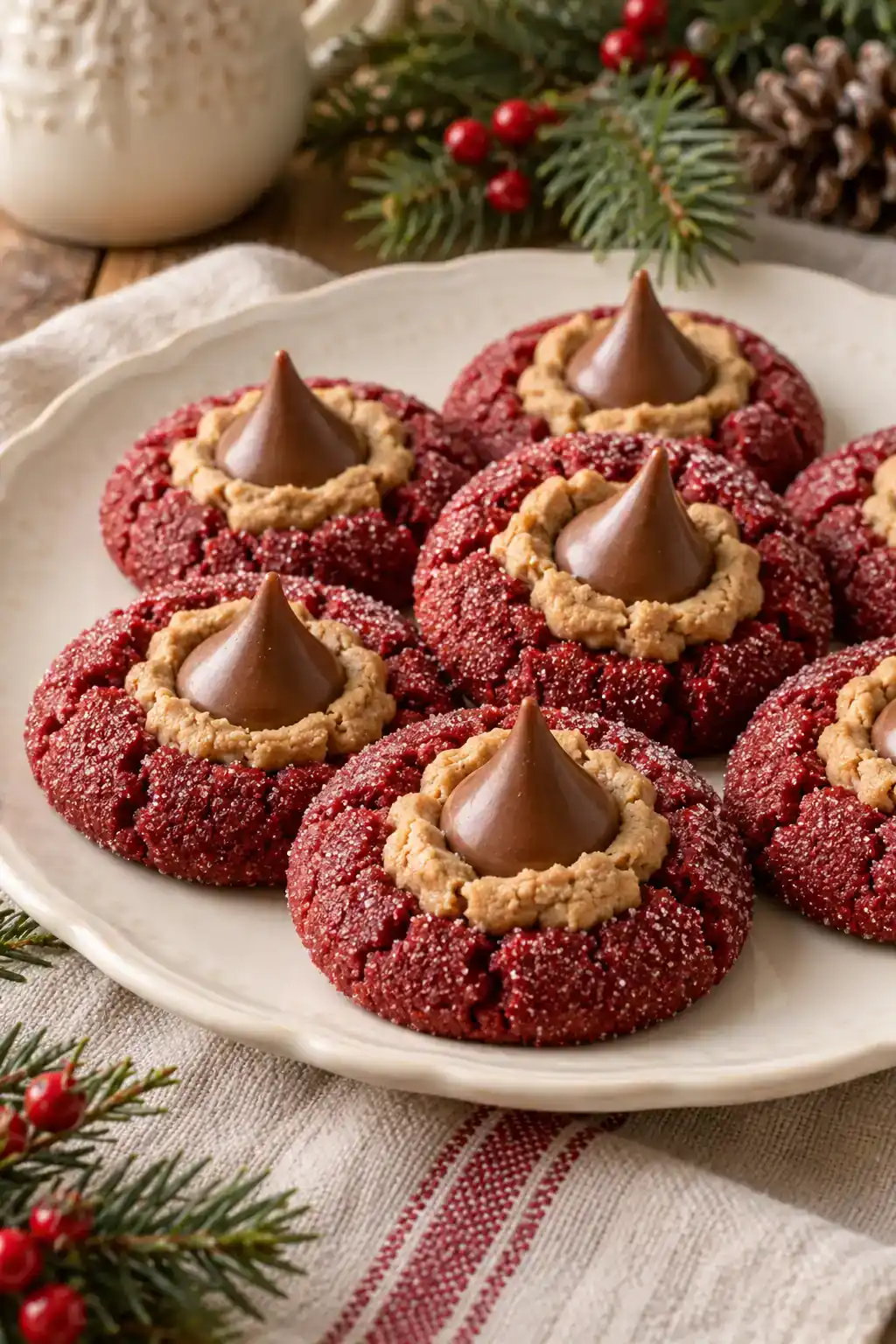 Red Velvet Peanut Butter Blossoms: red cocoa cookie blossoms with chocolate centers.