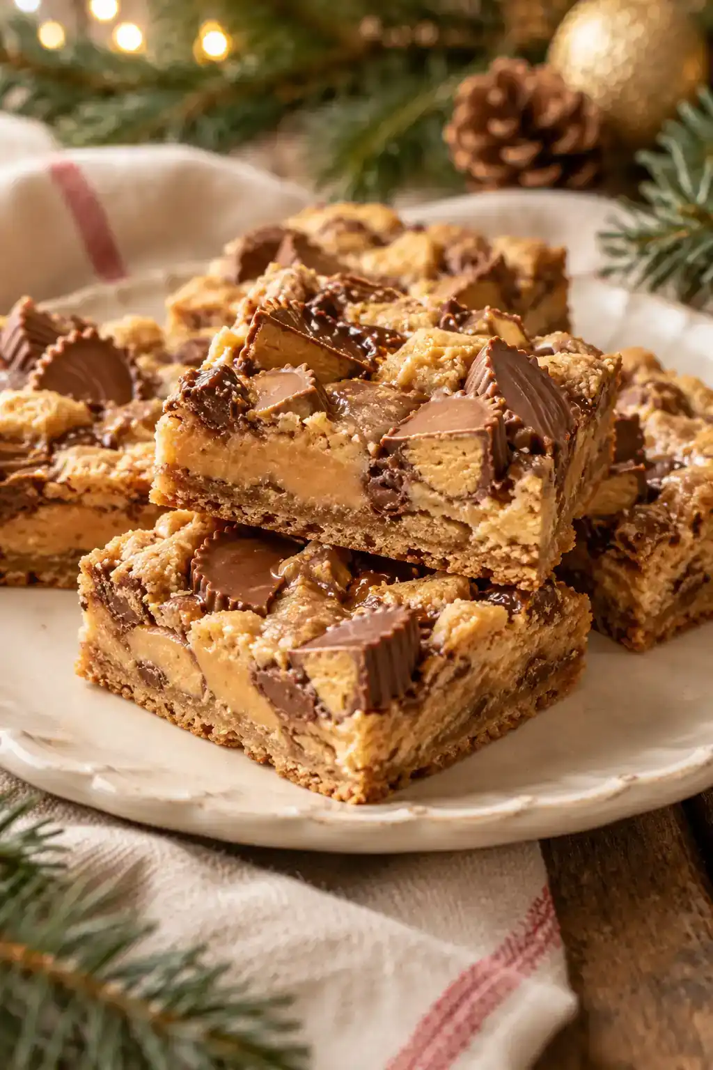 Reese’s Peanut Butter Christmas Cookie Bars: square peanut butter cookie bars with chocolate cup pieces.