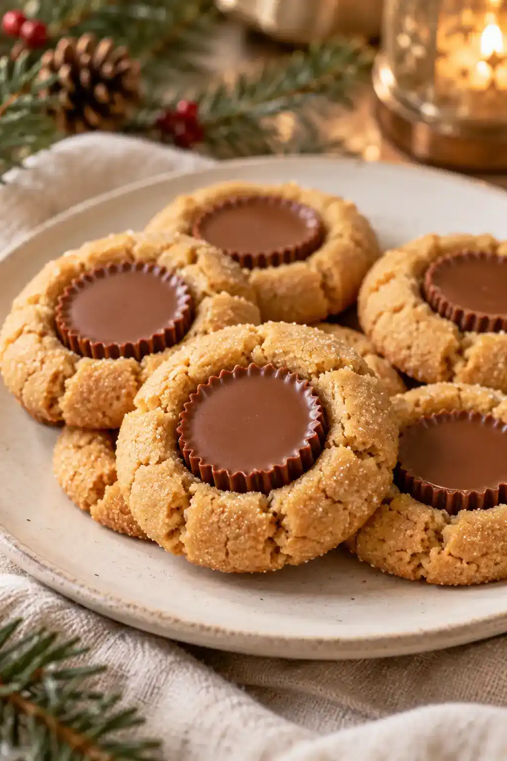 Reese’s Peanut Butter Thumbprint Cookies: golden peanut butter cookies with chocolate peanut butter cup centers.